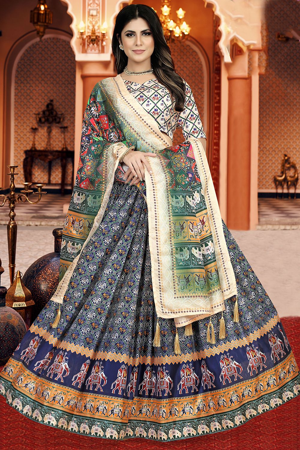 Dark Blue Dola Silk Printed Lehenga Set