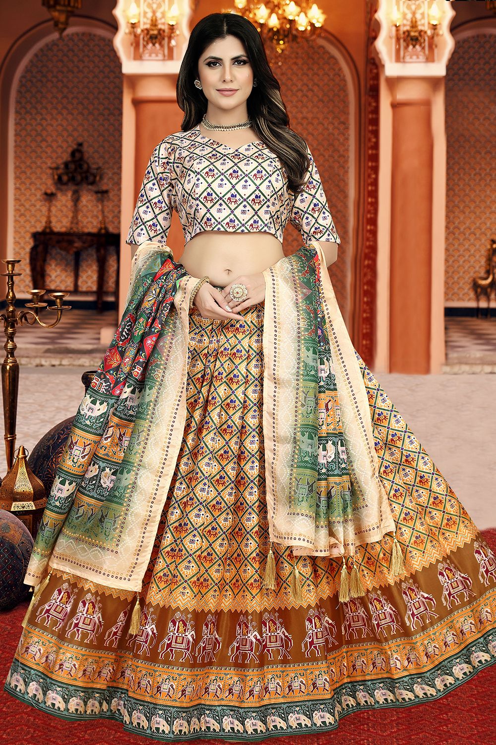 Light Orange Dola Silk Printed Lehenga Set