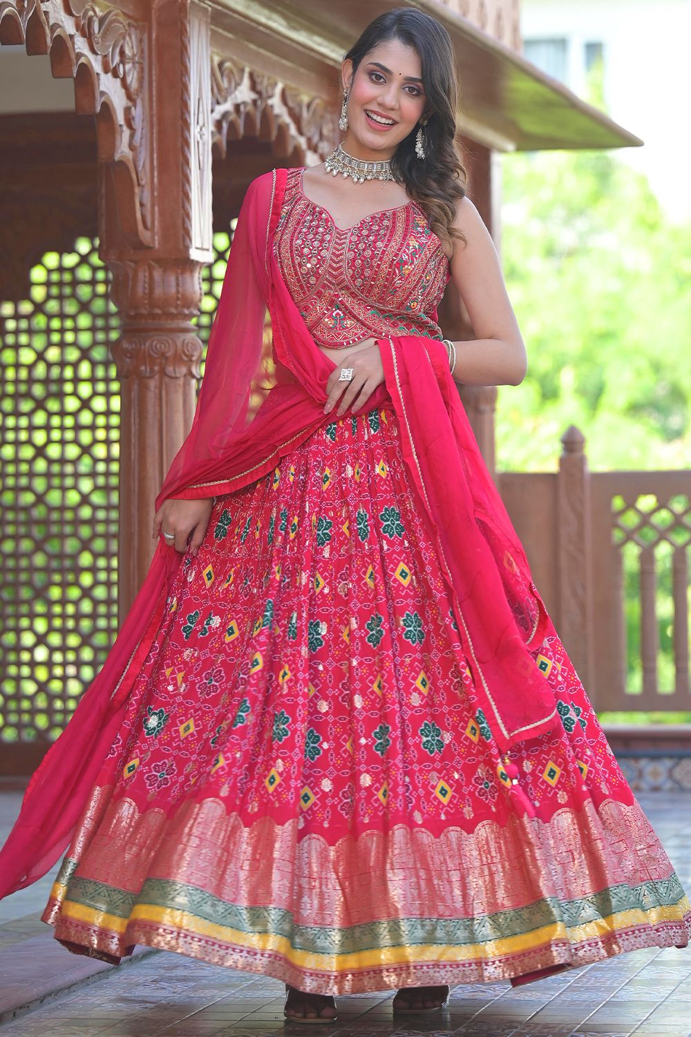 Vibrant Pink Patola Print Jacquard Lehenga Choli