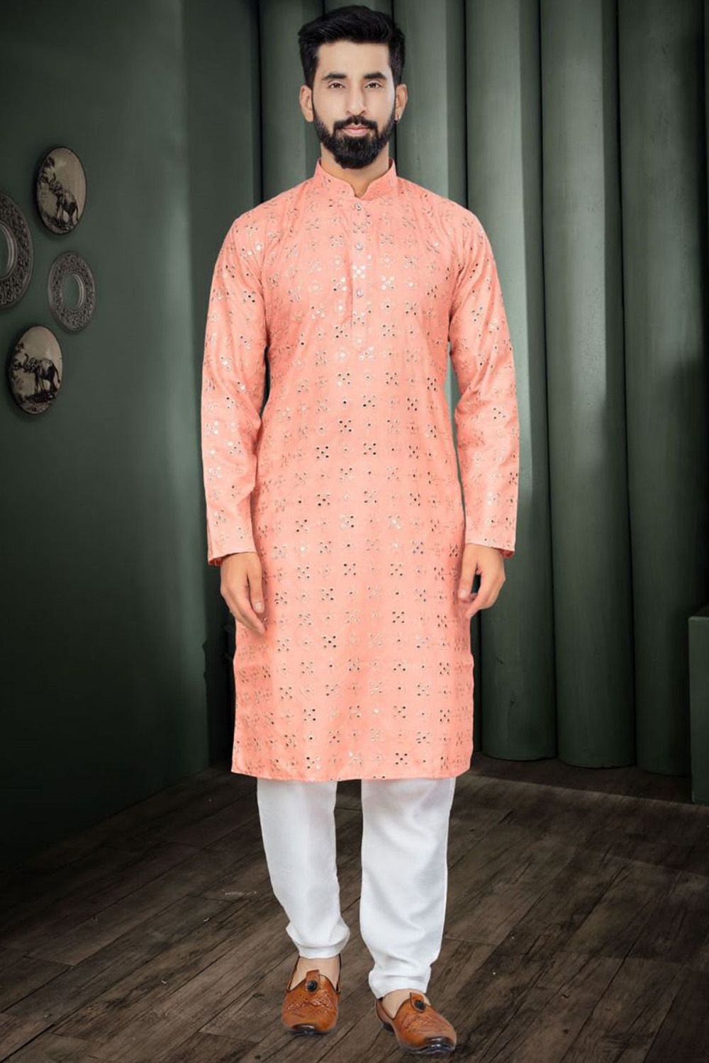 Peach Cotton Embroidered Kurta Pyjama