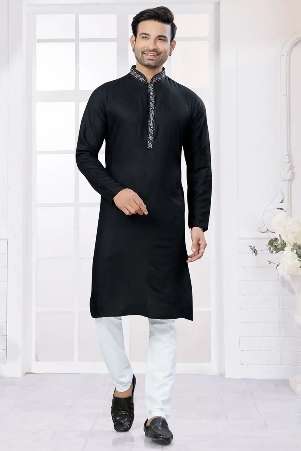 Black Poly Cotton Ethnic Kurta Set