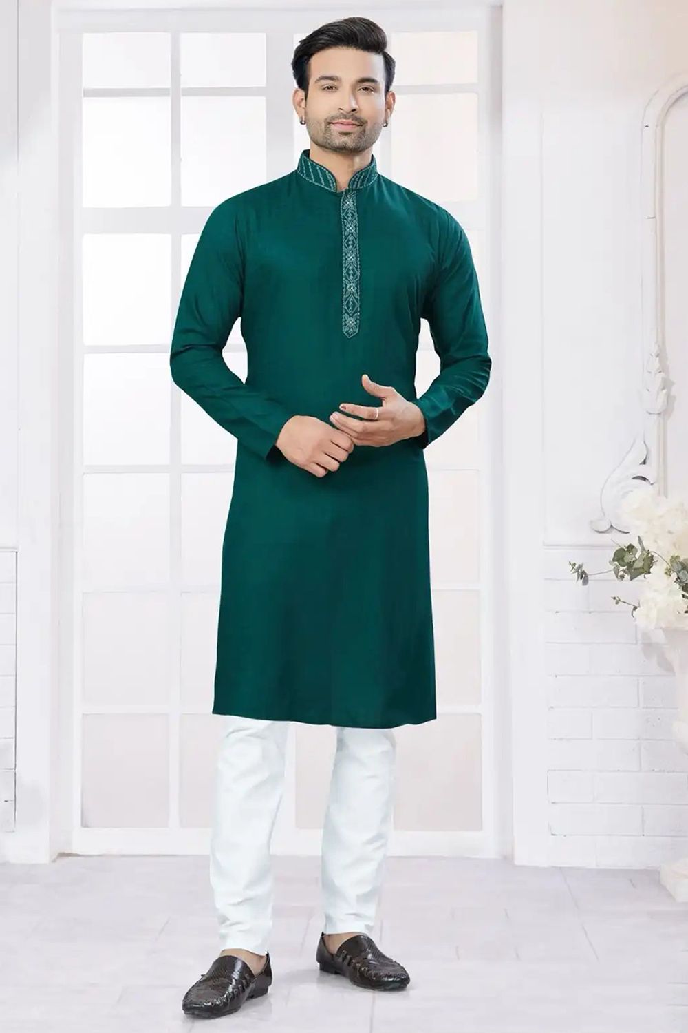 Dark Green Poly Cotton Ethnic Kurta Set