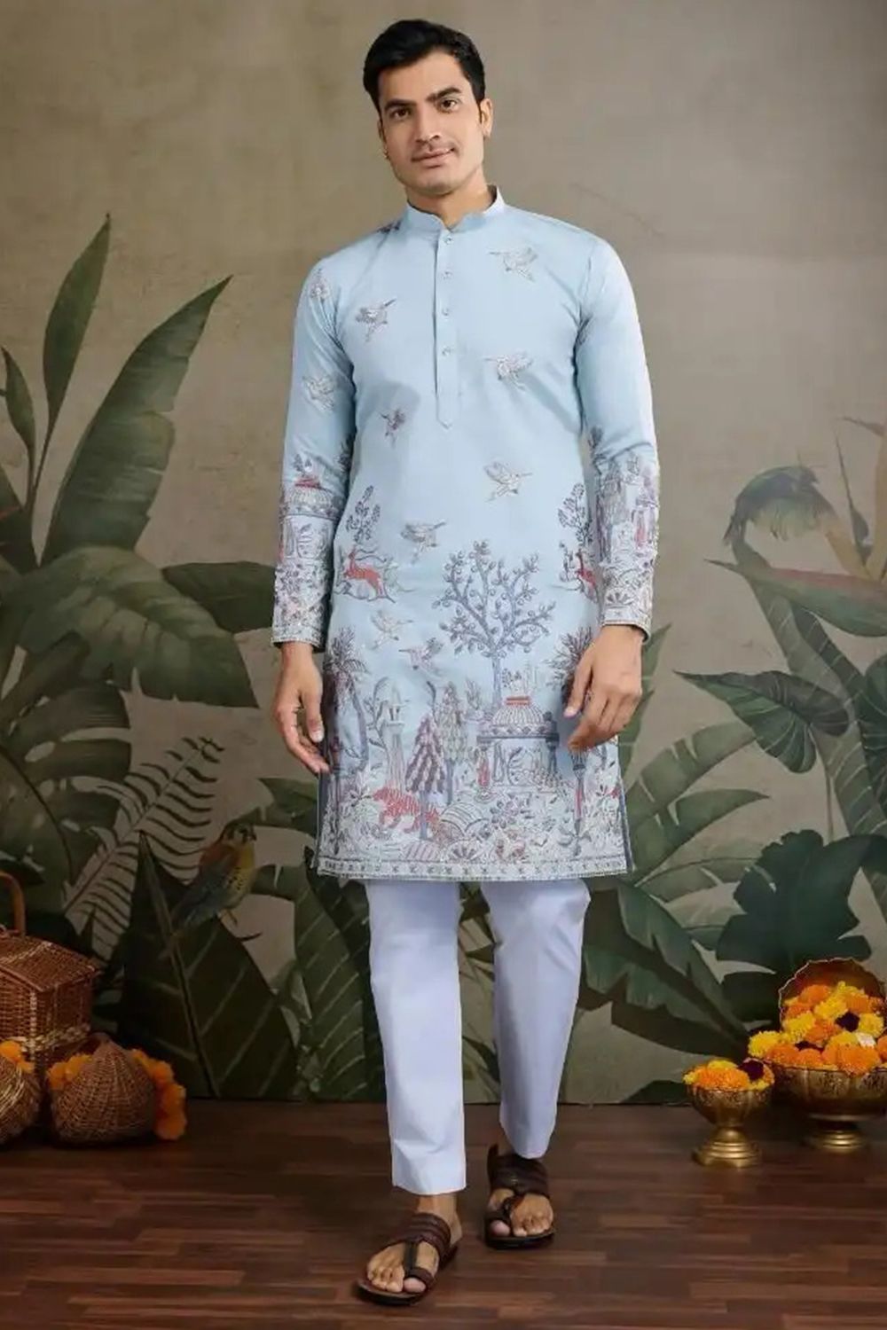 Light Blue Embroidered Viscose Silk Kurta