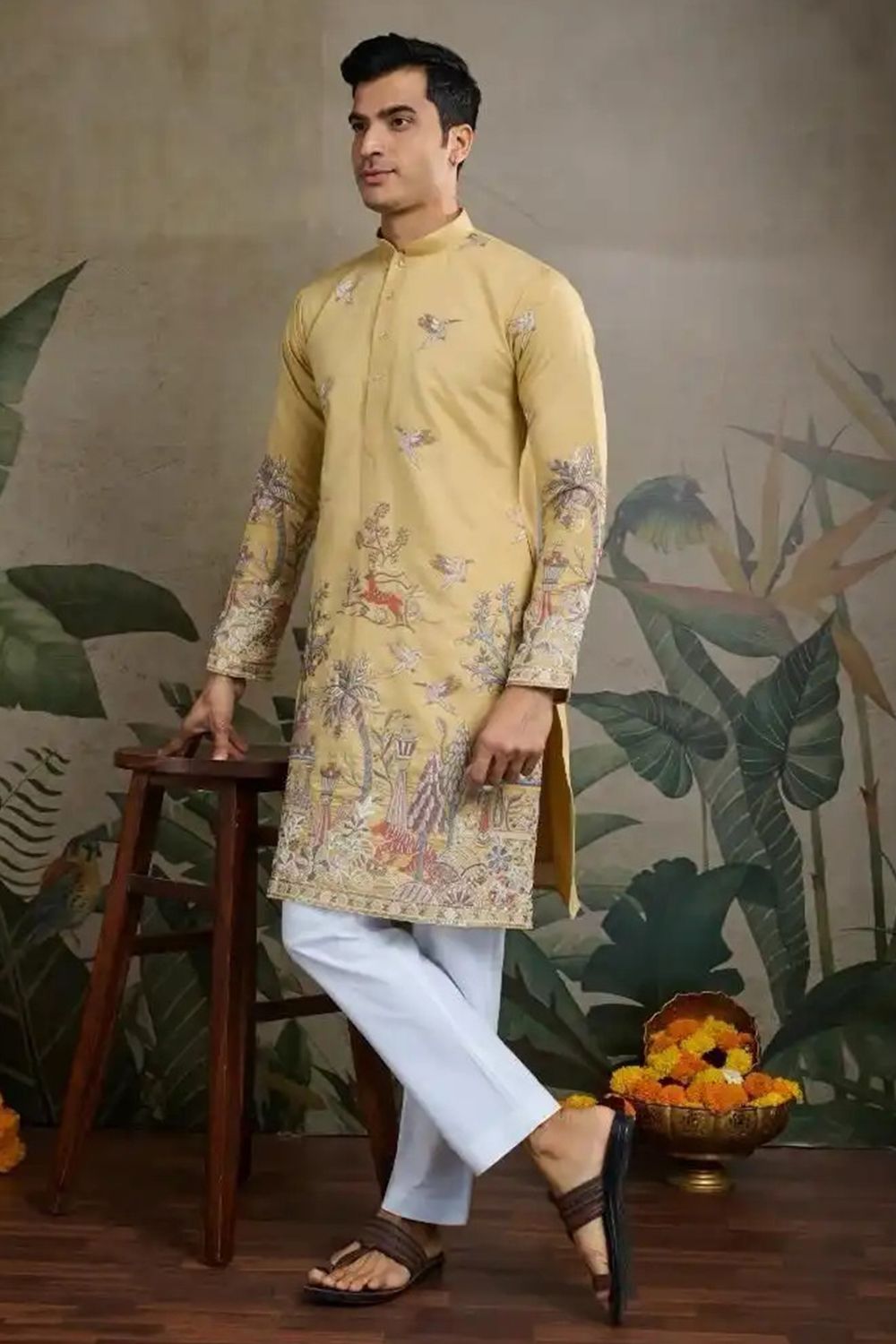 Yellow Embroidered Viscose Silk Kurta