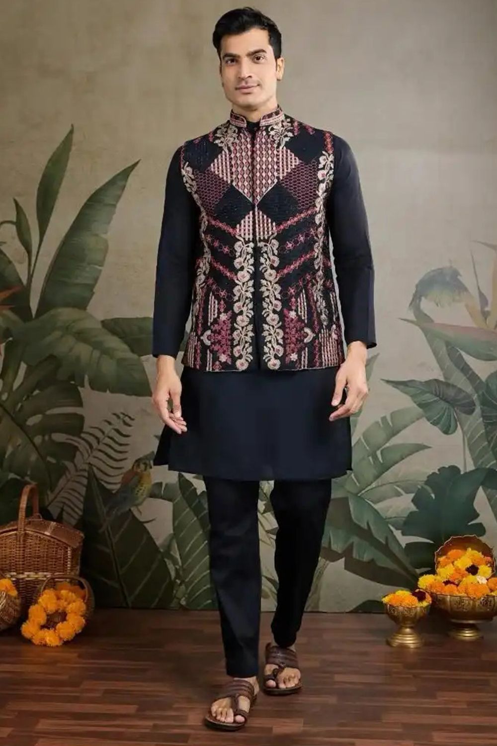 Black Viscose Silk Kurta For Men With Jacket 