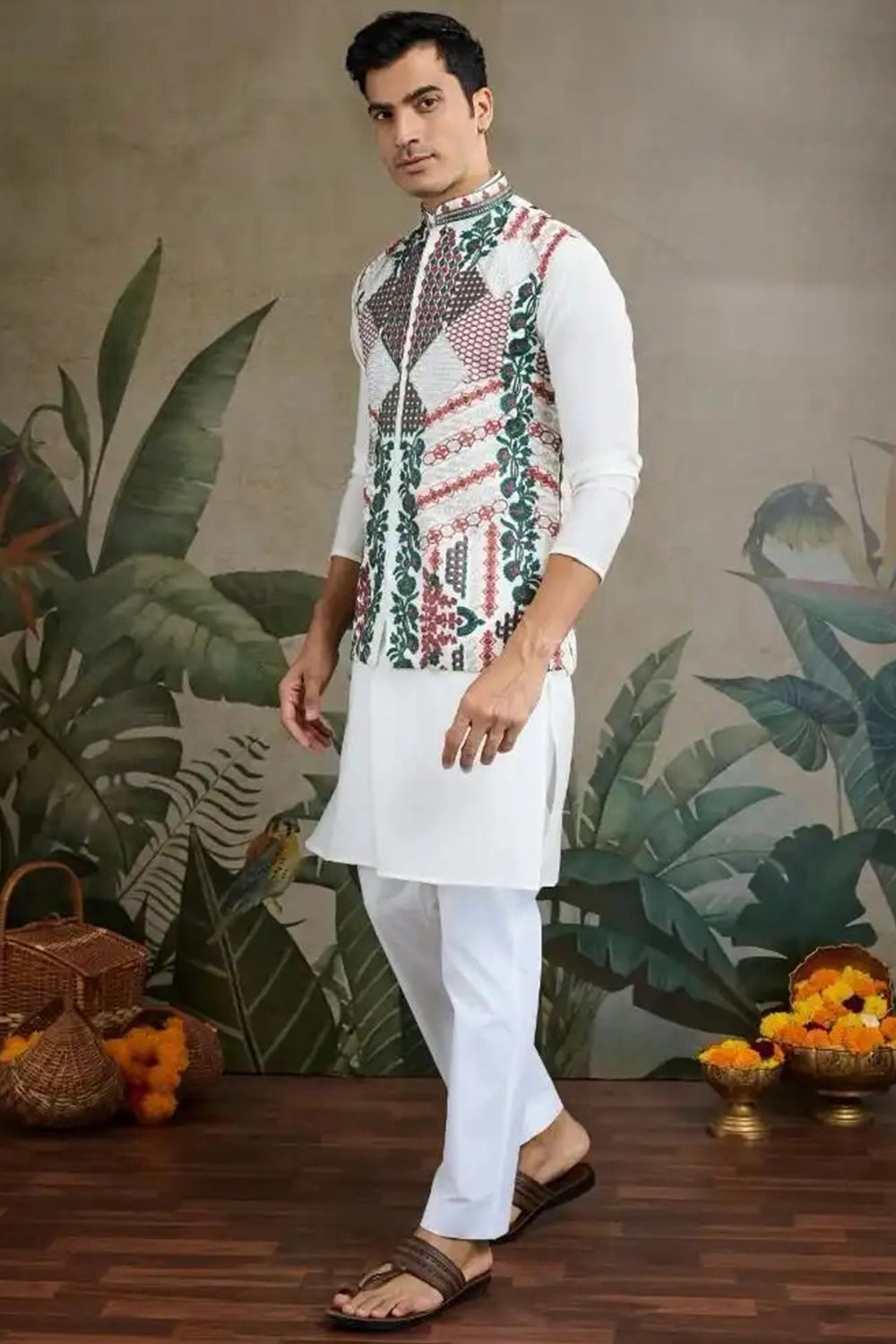 White Viscose Silk Kurta For Men With Jacket 