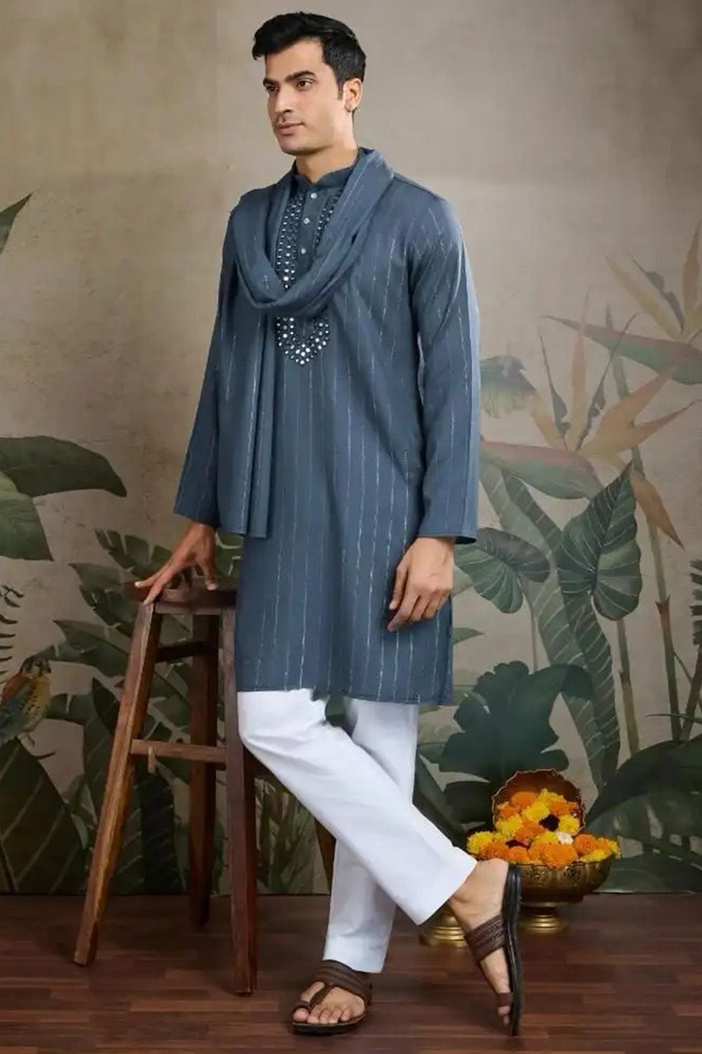 Slate Blue Viscose Silk Kurta with Dupatta