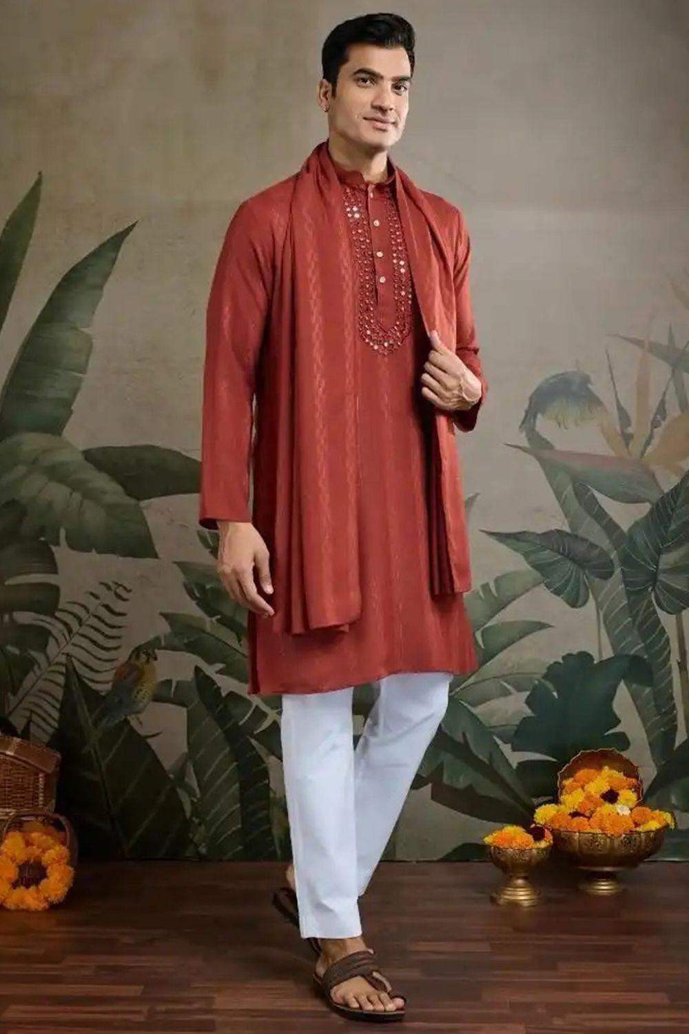 Rust Orange Viscose Silk Kurta with Dupatta