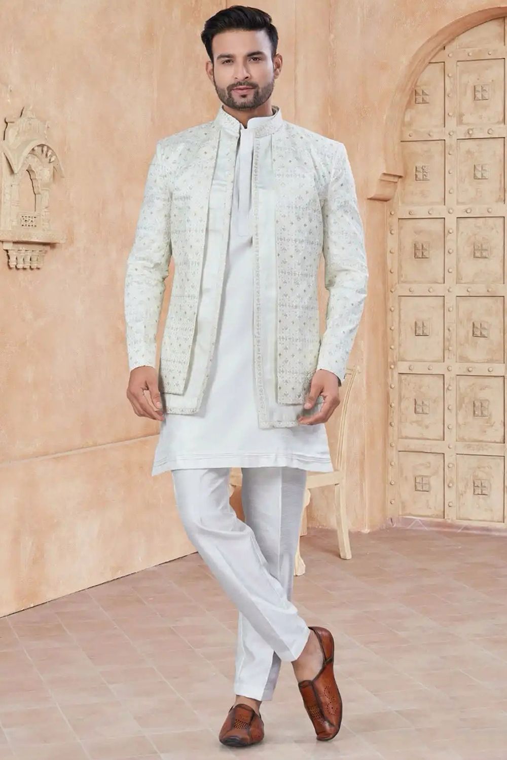 Off White Art Silk Woven Kurta Set