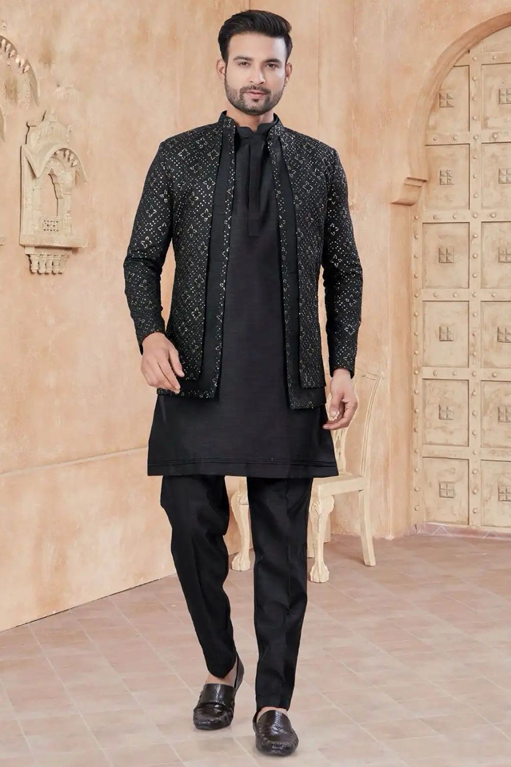 Black Art Silk Woven Kurta Set
