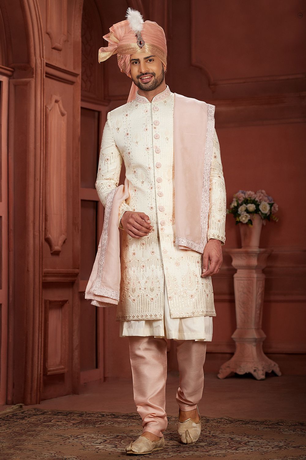 Off White Embroidered Silk Sherwani Set