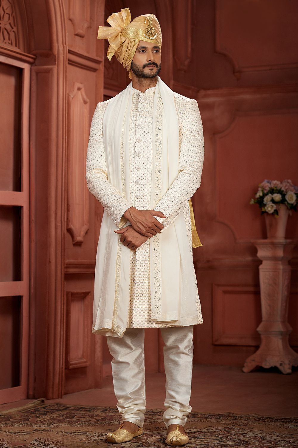 White Embroidered Pure Silk Sherwani Set