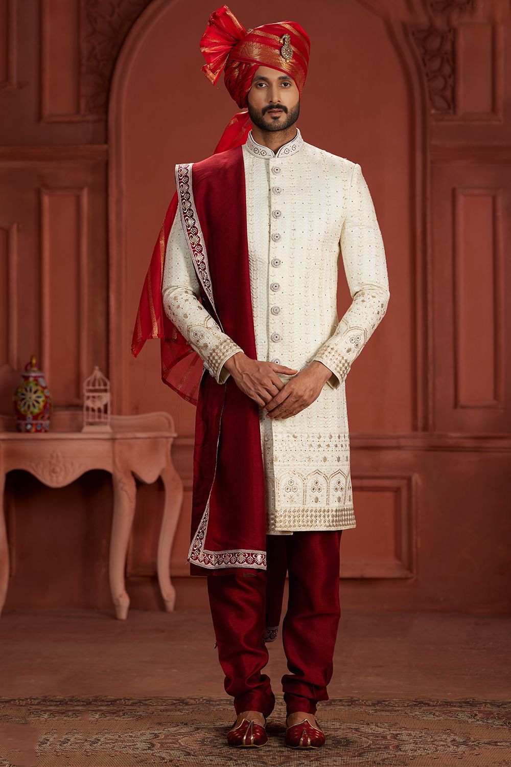 Cream Embroidered Pure Silk Sherwani Set