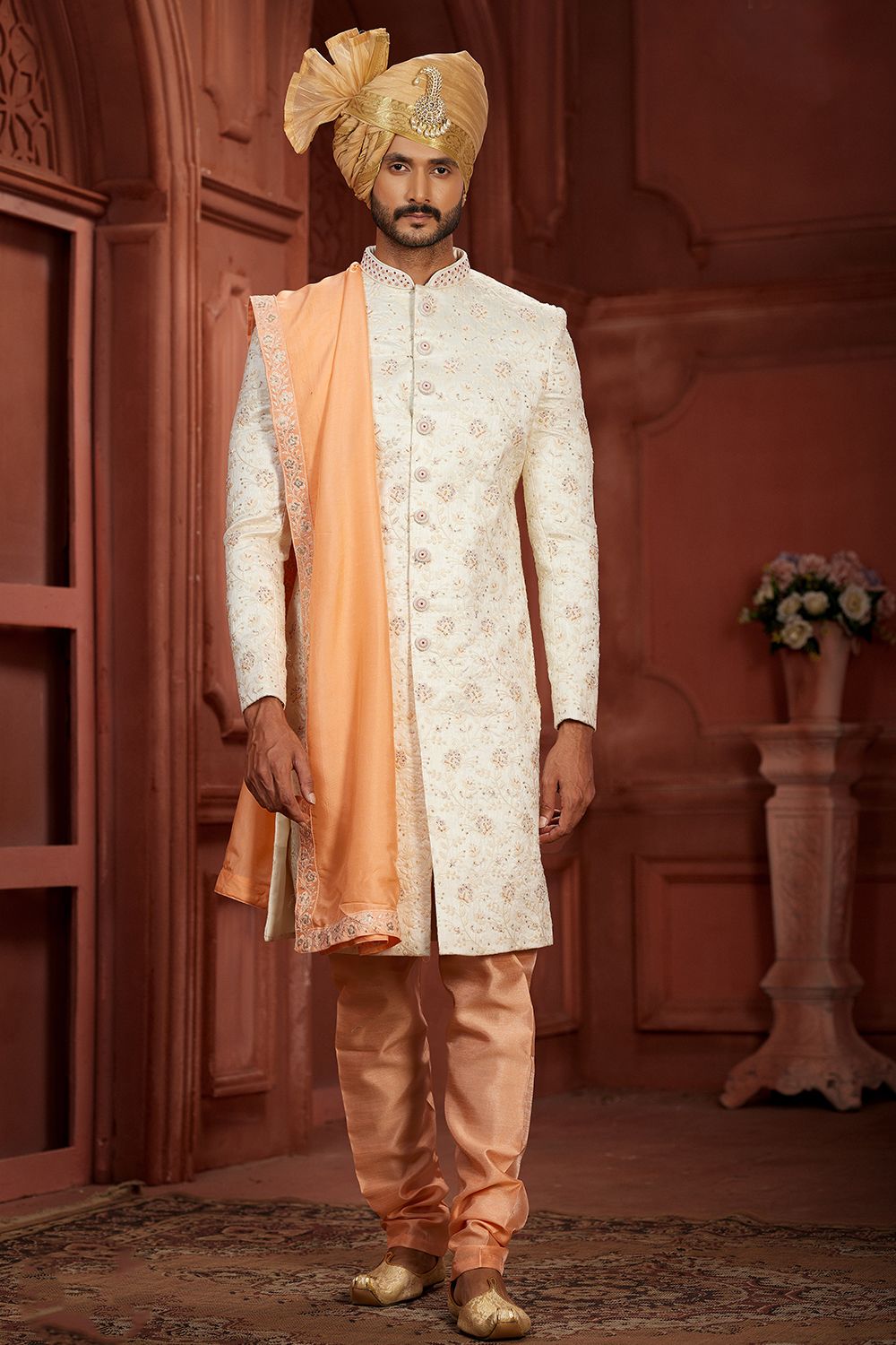 Rich Cream Embroidered Pure Silk Sherwani Set