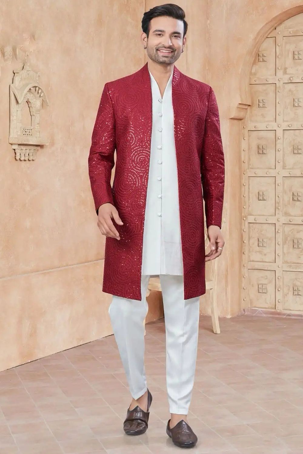 Maroon Art Silk Woven Sherwani