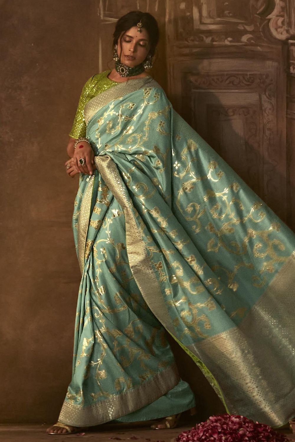 Pastel Green Silk Ethnic Embroidered Saree