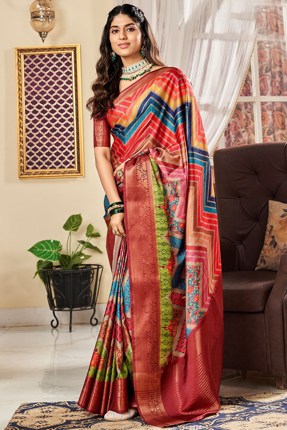 Multi Color Printed Satin Saree