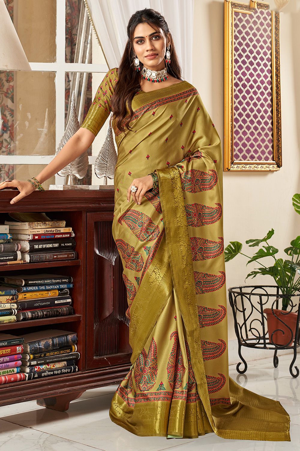 Olive Green Printed Satin Light Weight Saree