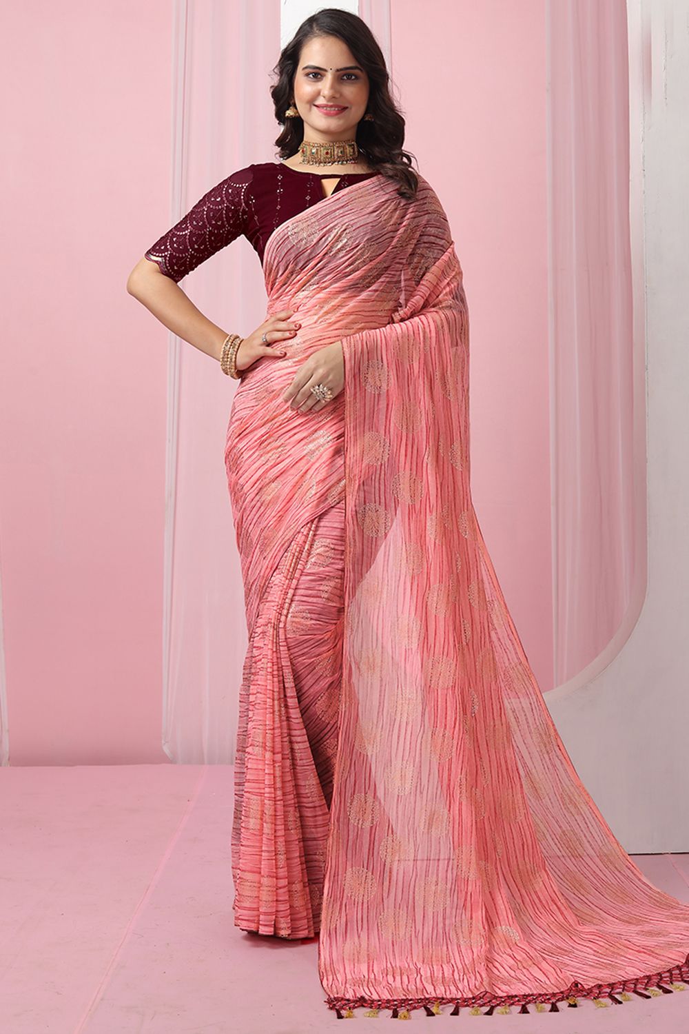 Peach Georgette Foil Print Saree  