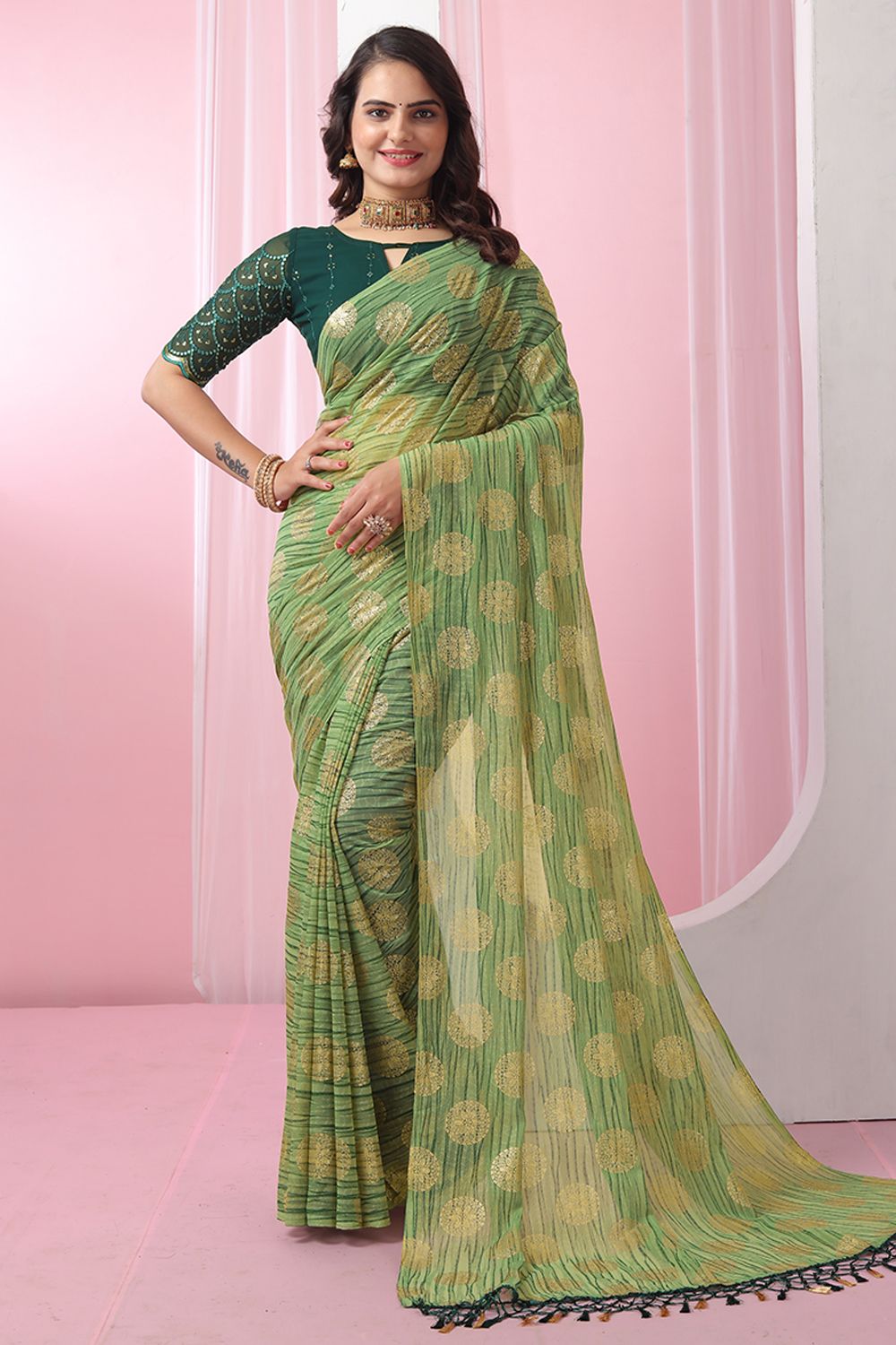 Green Georgette Foil Print Saree  