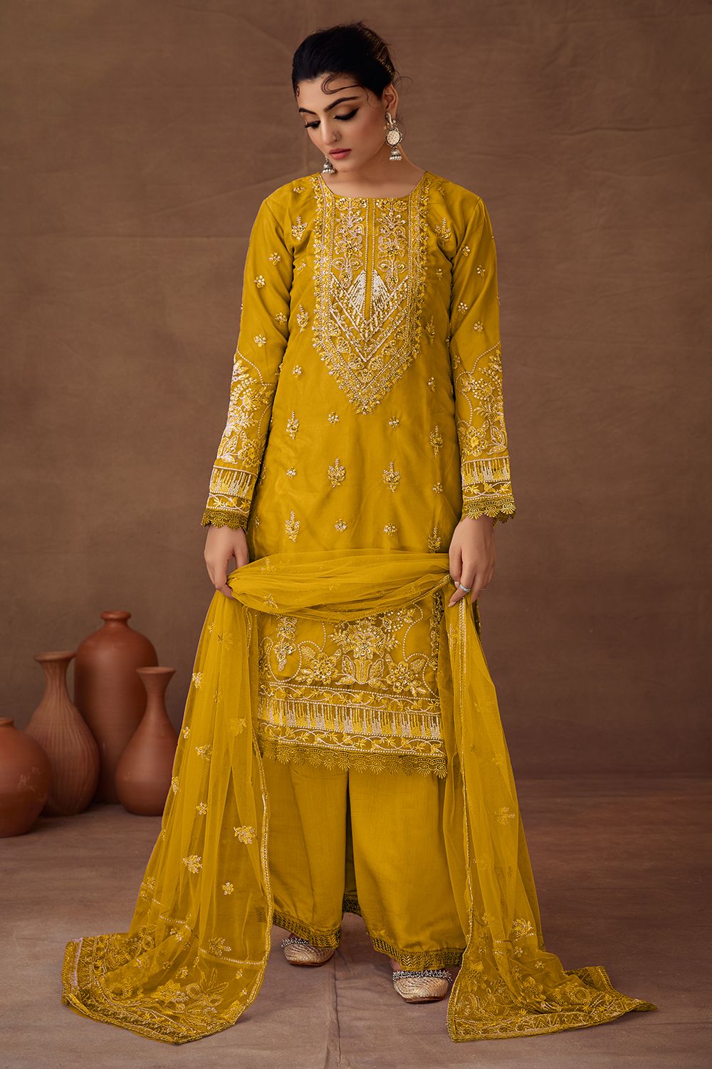 Mustard Yellow Embroidered Organza Suit Set