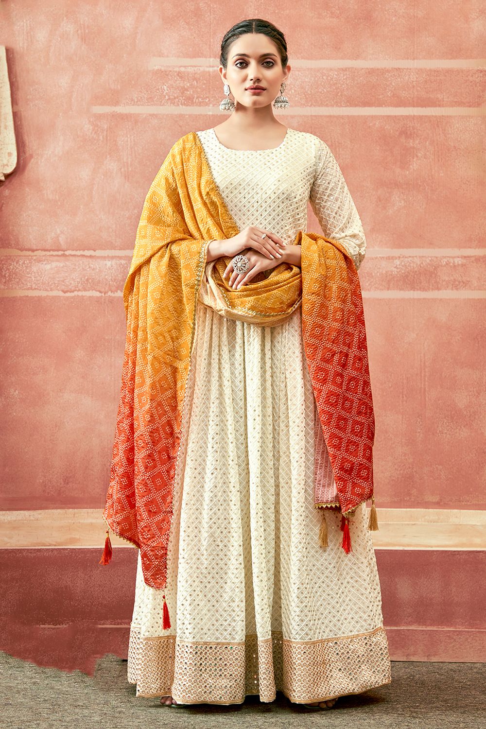 Off White Sequins Embroidered Georgette Anarkali Suit