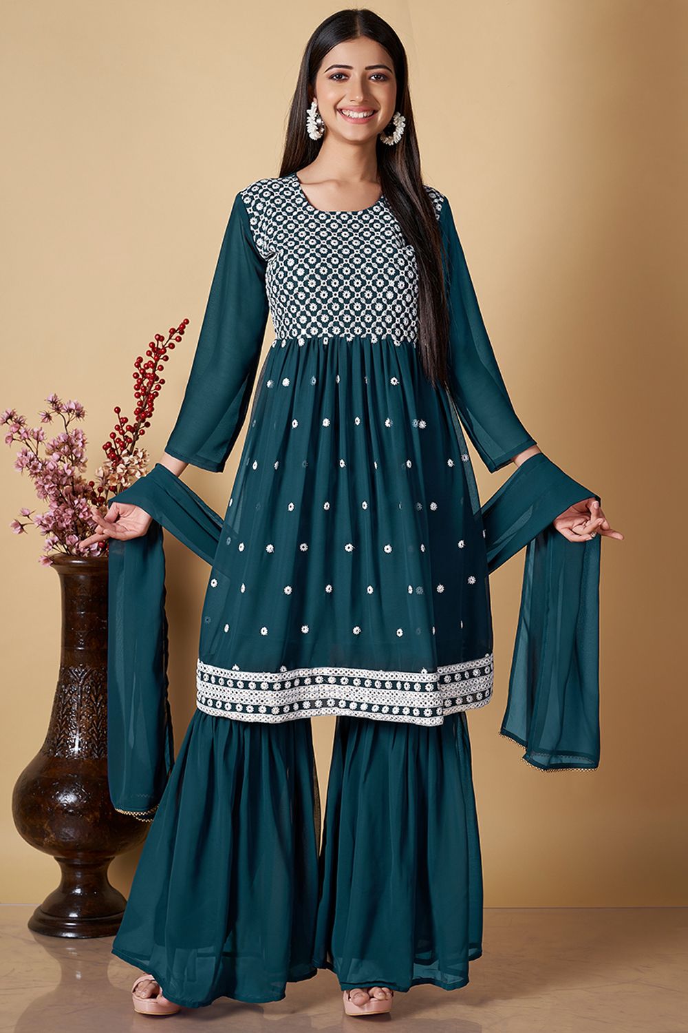 Teal Green Embroidered Georgette Gharara Suit