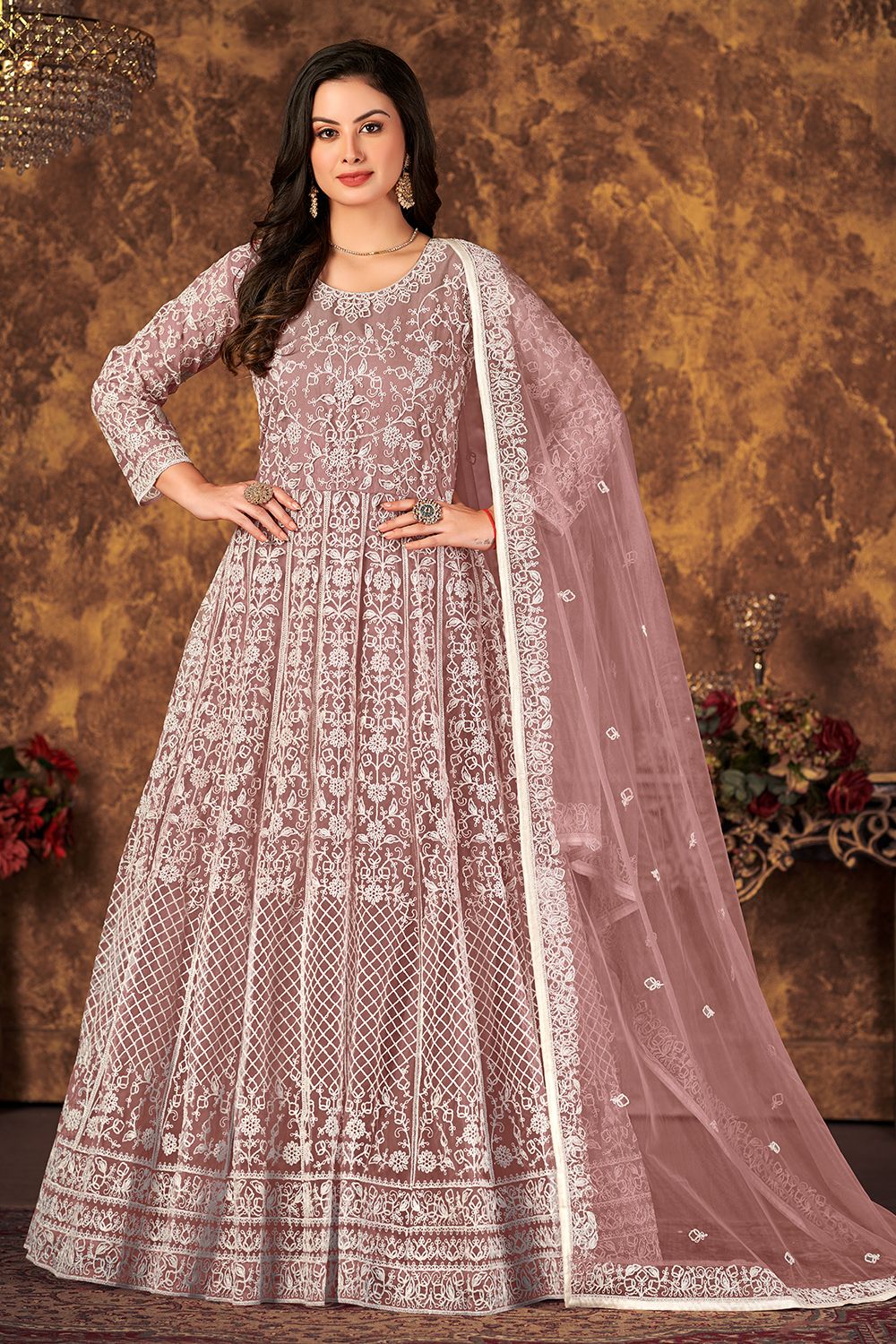 Mauve Net Churidar Anarkali Suit 