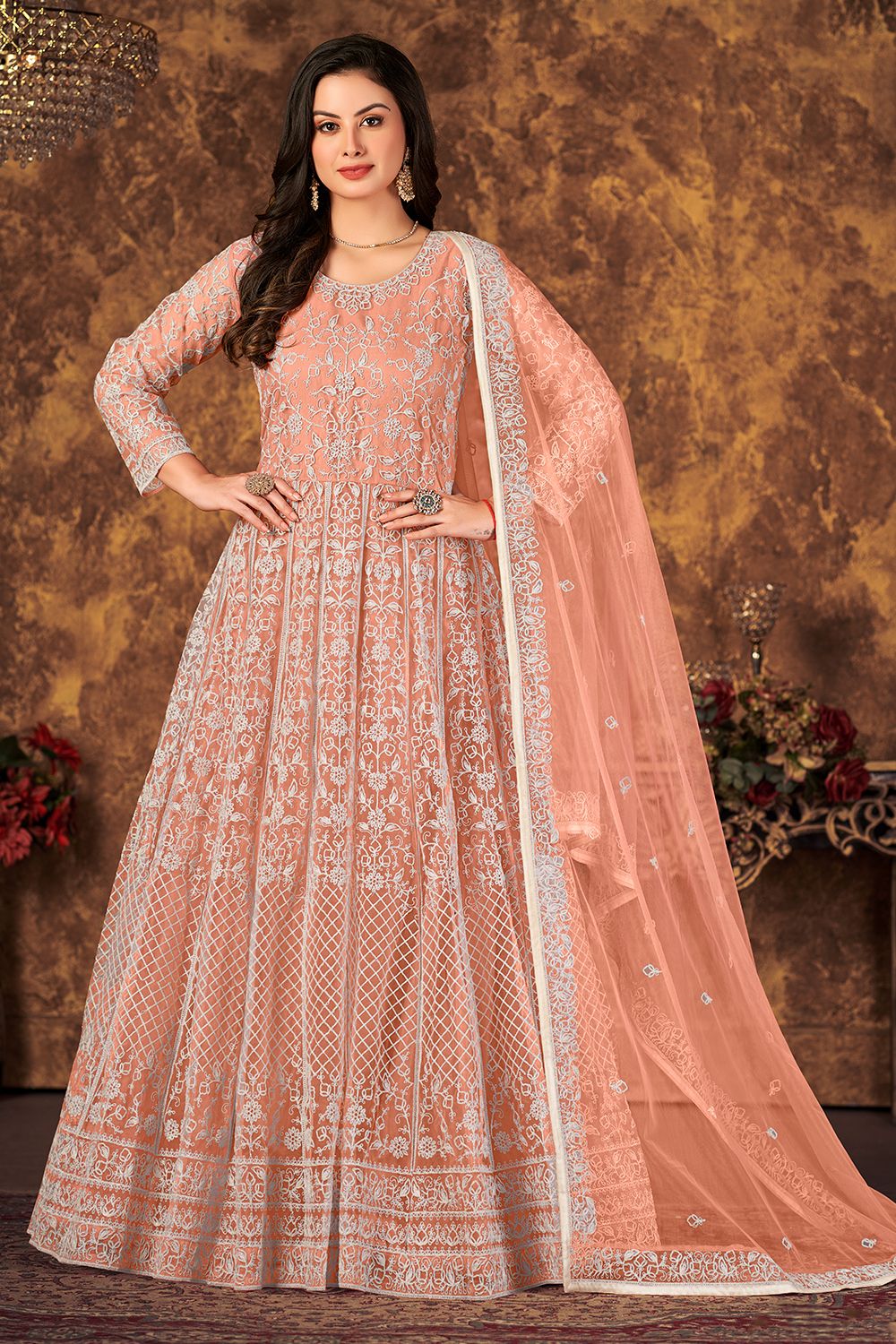 Peach Net Churidar Anarkali Suit 
