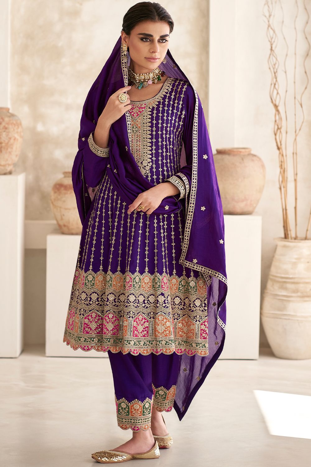 Violet Embroidered Silk Punjabi Suit
