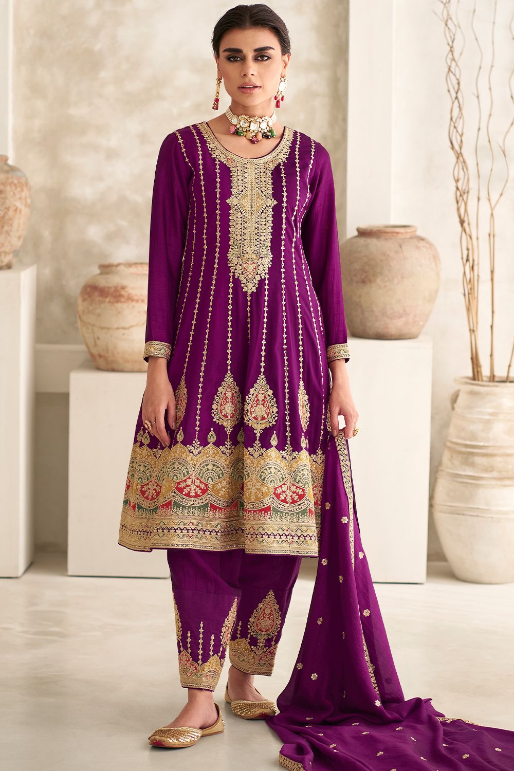 Purple Embroidered Silk Punjabi Suit