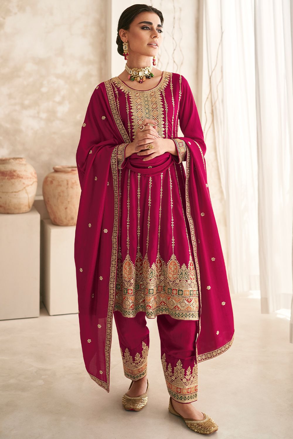 Red Embroidered Silk Punjabi Suit