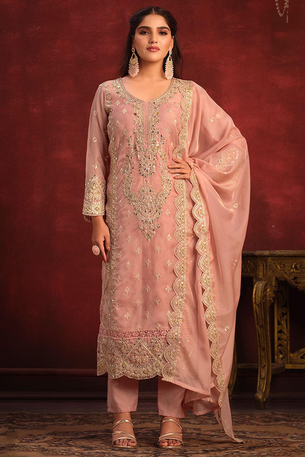 Salmon Peach Viscose Salwar Kameez