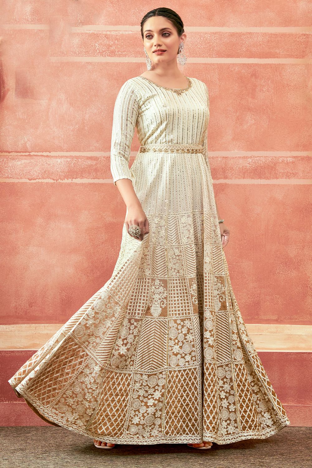 Off White And Peach Georgette Embroidered Festive Anarkali Suit