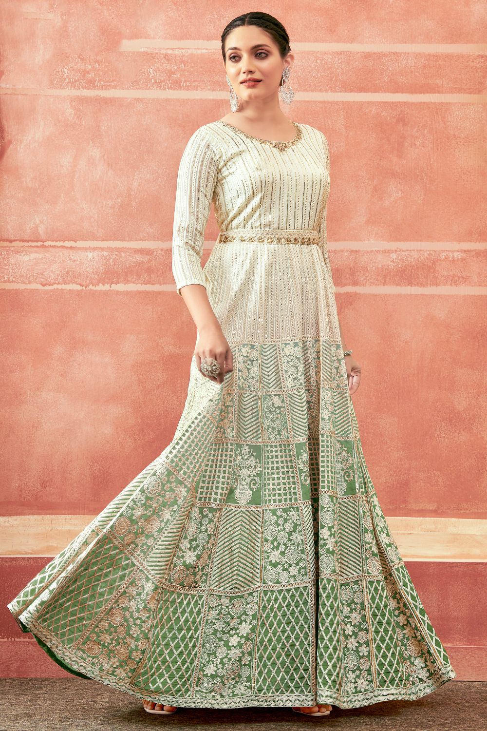 Off White And Green Georgette Embroidered Festive Anarkali Suit