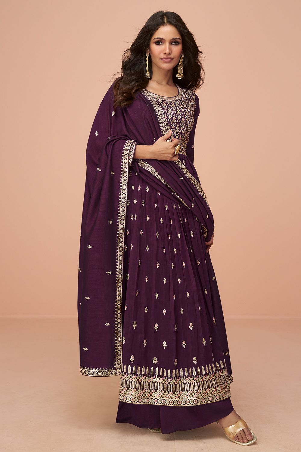 Wine Purple Embroidery High Slit Silk Palazzo Suit