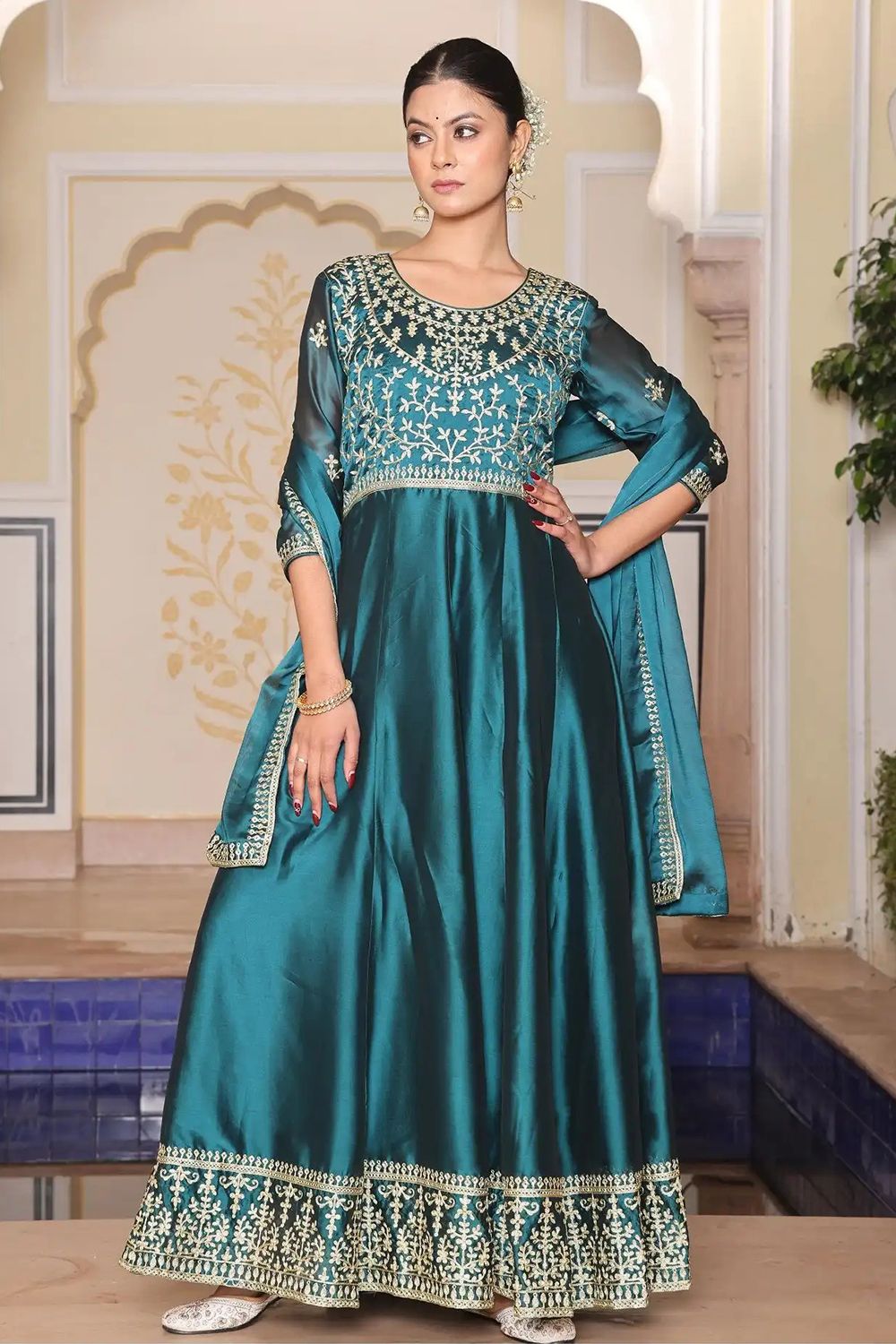 Teal Blue Embroidered Art Silk Suit Set