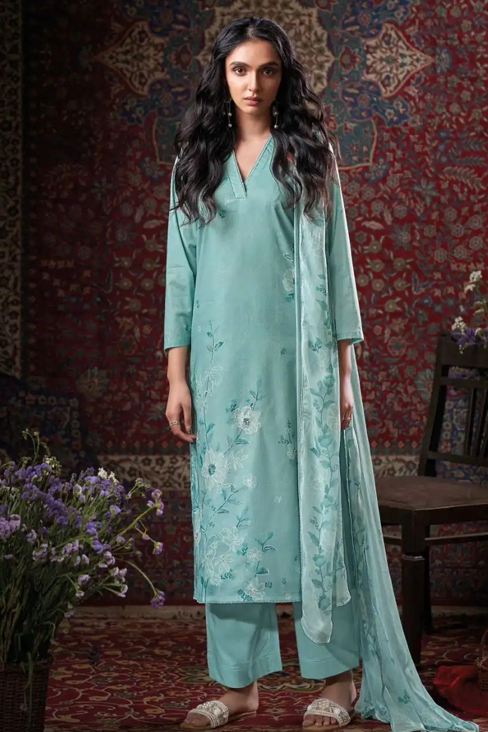 Blue Printed Cotton Salwar Suits 