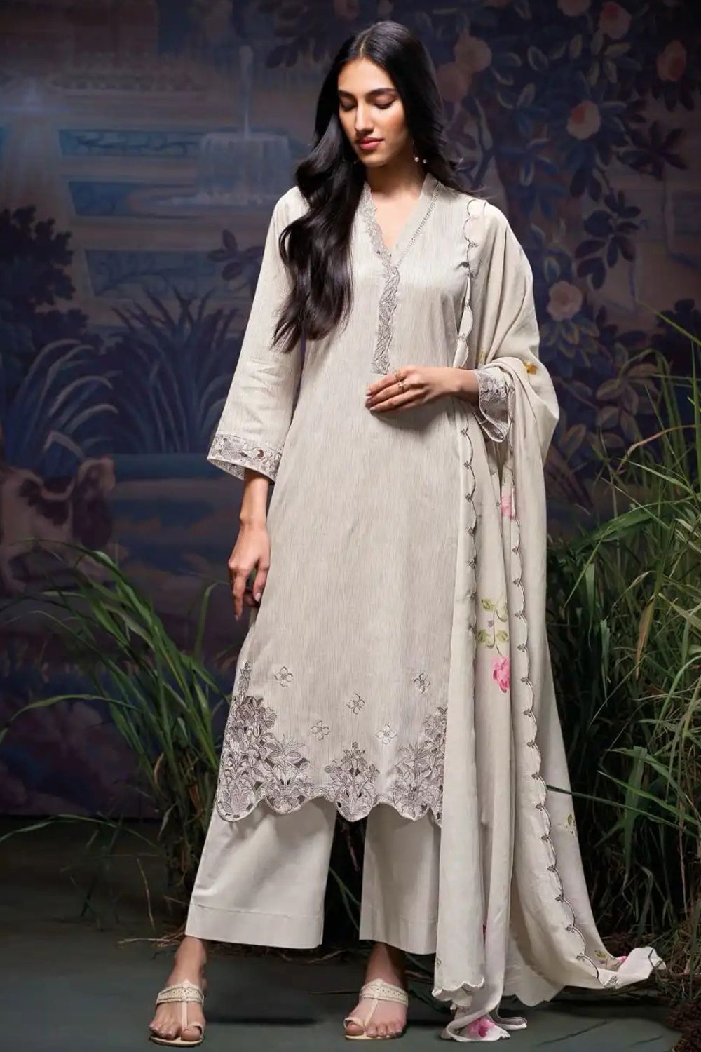 Off White Embroidered Cotton Salwar Suits 