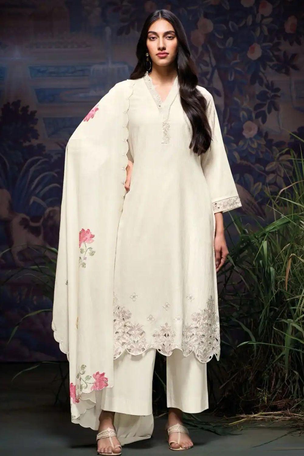 White Embroidered Cotton Salwar Suits 