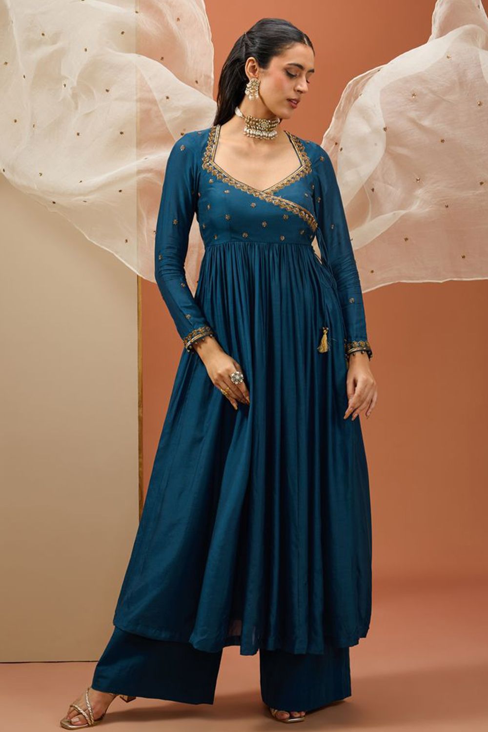 Blue Chanderi Silk Embroidered Angarkha Suit Set