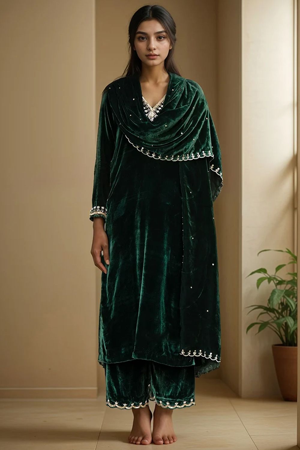 Green Velvet Embroidered Palazzo Suit 