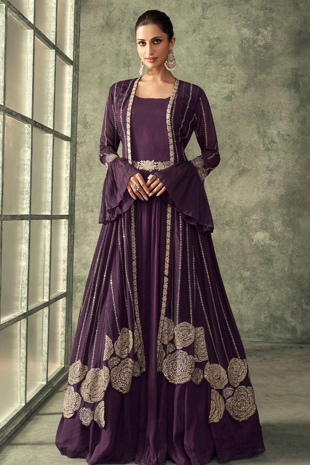 Purple Sequins Embroidered Jacket Style Georgette Anarkali Gown