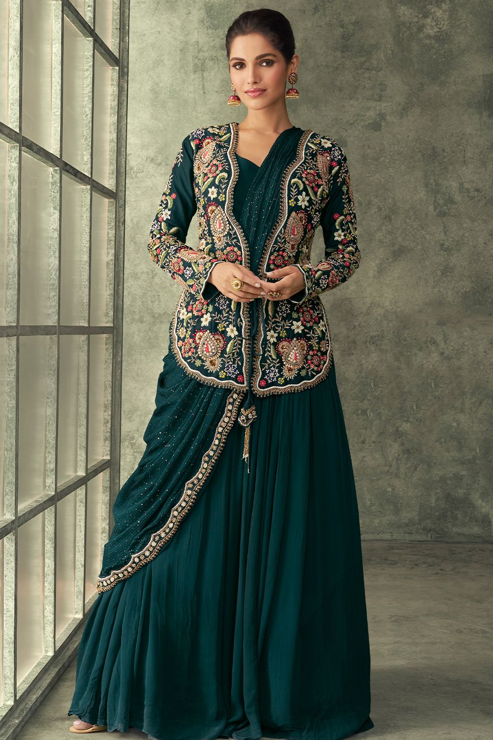 Green Multi Embroidered Jacket Style Georgette Anarkali Gown