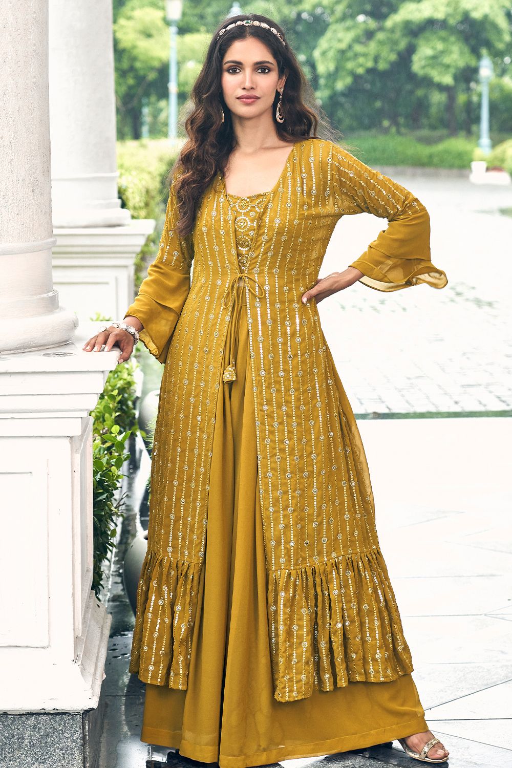 Mustard Yellow Georgette Sequins Work Shrug with Top and Palazzo 