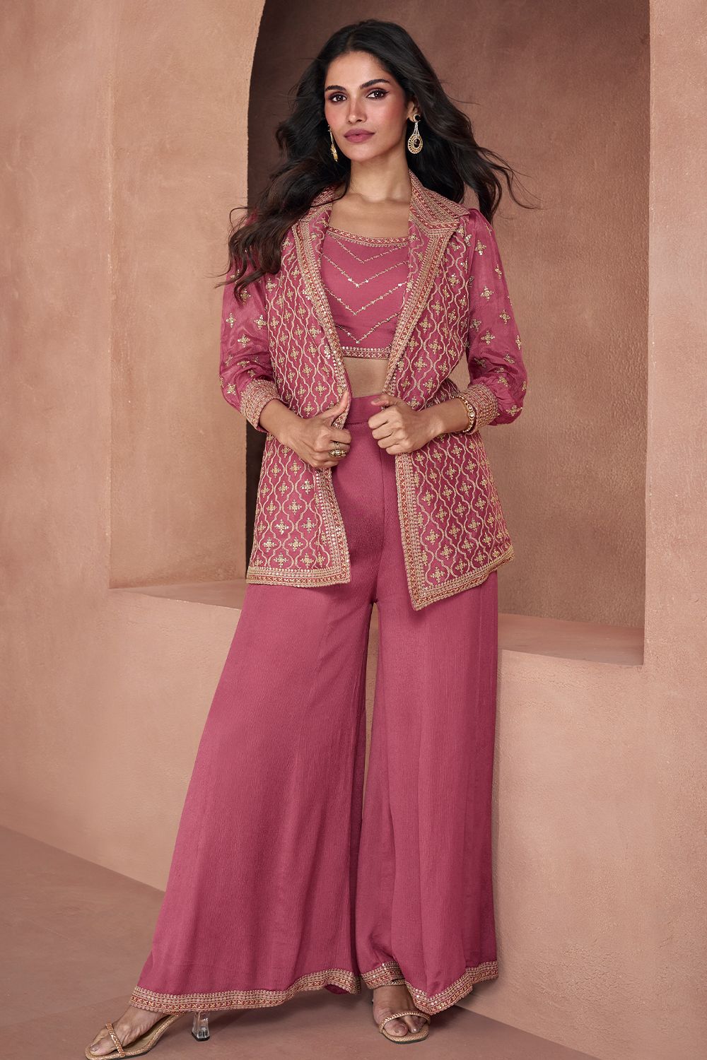 Mauve Silk Embroidered Jacket with Top and Palazzo