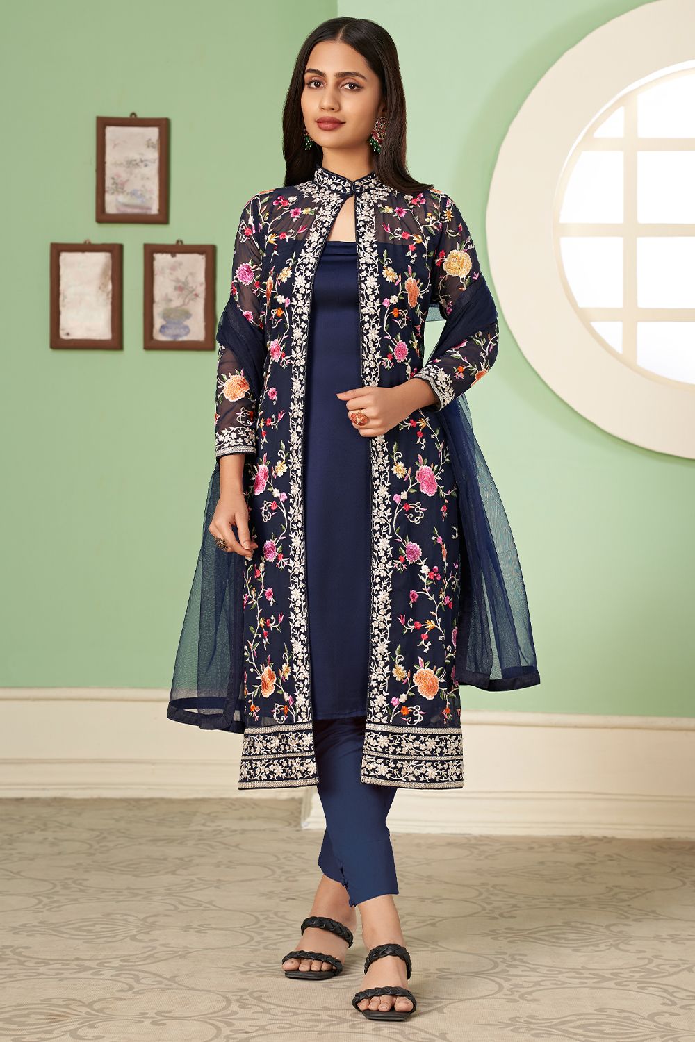 Blue Georgette Embroidered Jacket with Kurti and Churidar