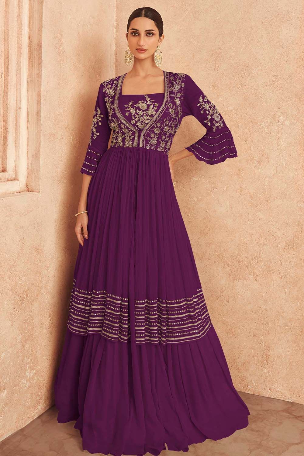 Rich Purple Jacket Style Embroidered Chinnon Silk Anarkali 