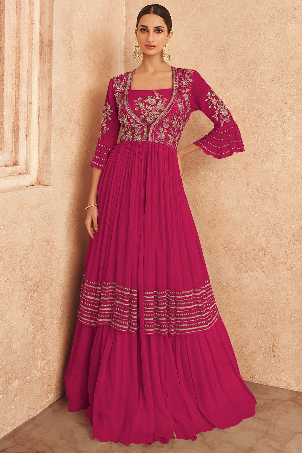Deep Pink Jacket Style Embroidered Chinnon Silk Anarkali 