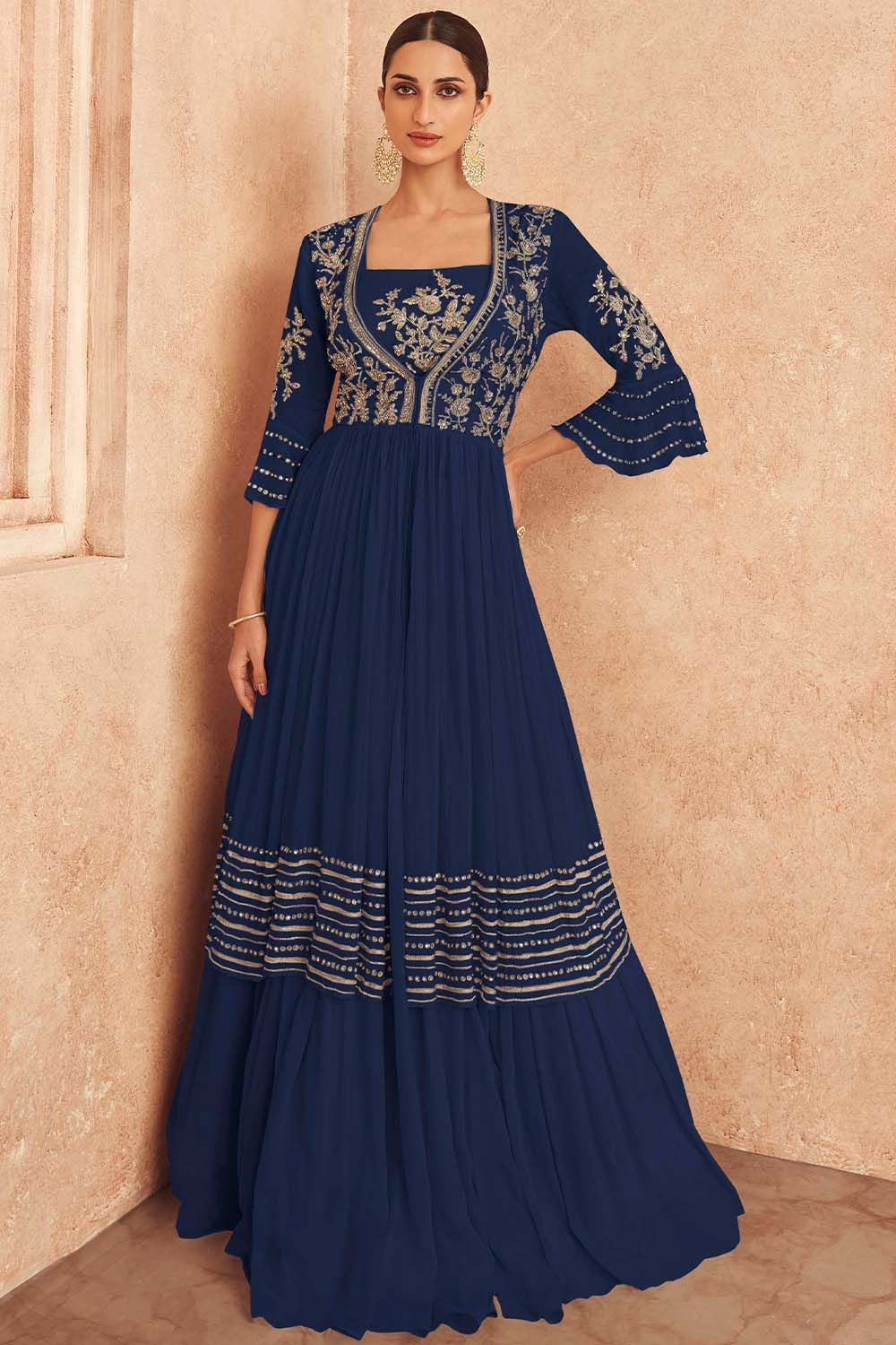Navy Blue Jacket Style Embroidered Chinnon Silk Anarkali 